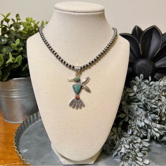 Hummingbird Turquoise & Spiny Oyster Pendant – Sterling Silver - Picture 7 of 13